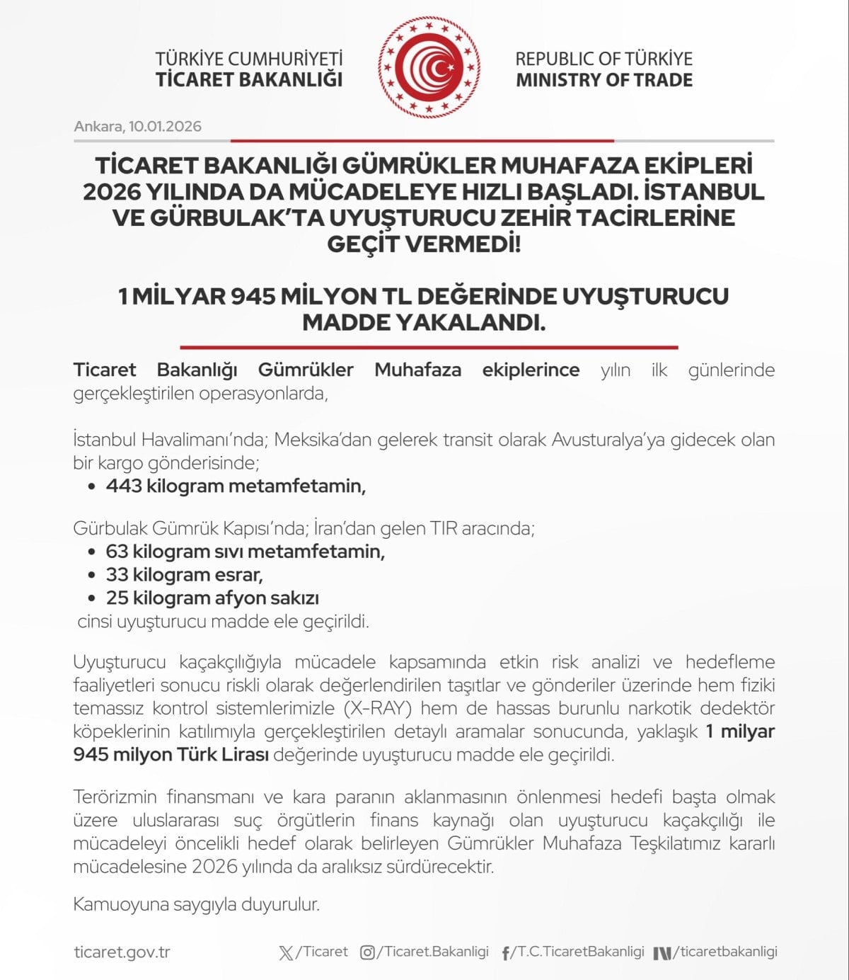 ticaret bakanligi 1 milyar 945 milyon tl degerinde uyusturucu madde yakalandi 2 XRYrisDF